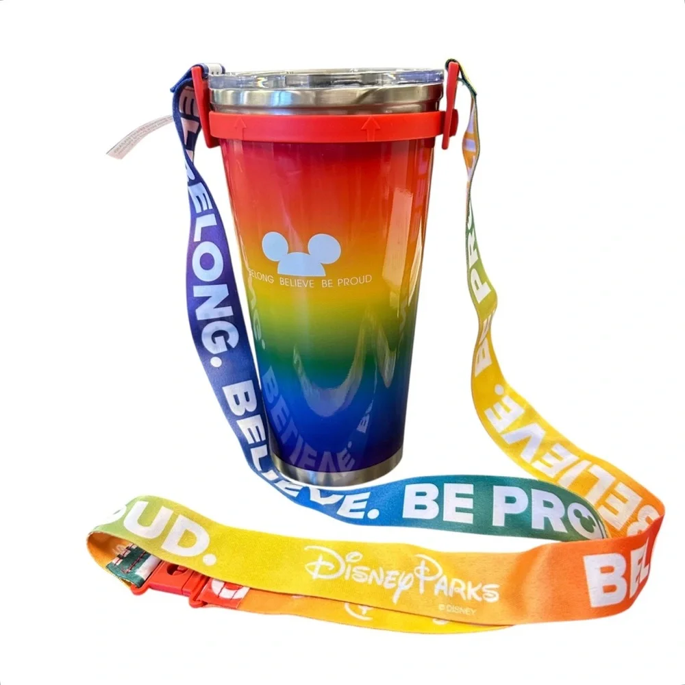 Disney Parks Pride Mickey Rainbow Stainless Steel Travel Tumbler NEW w/Strap